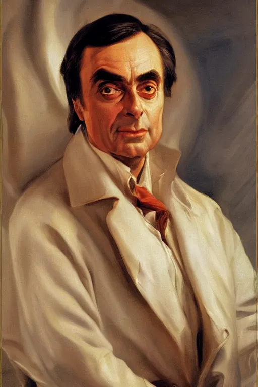 Image similar to Carl Sagan expressive oil on canvas, golden hour, artstation, by J. C. Leyendecker and Peter Paul Rubens,