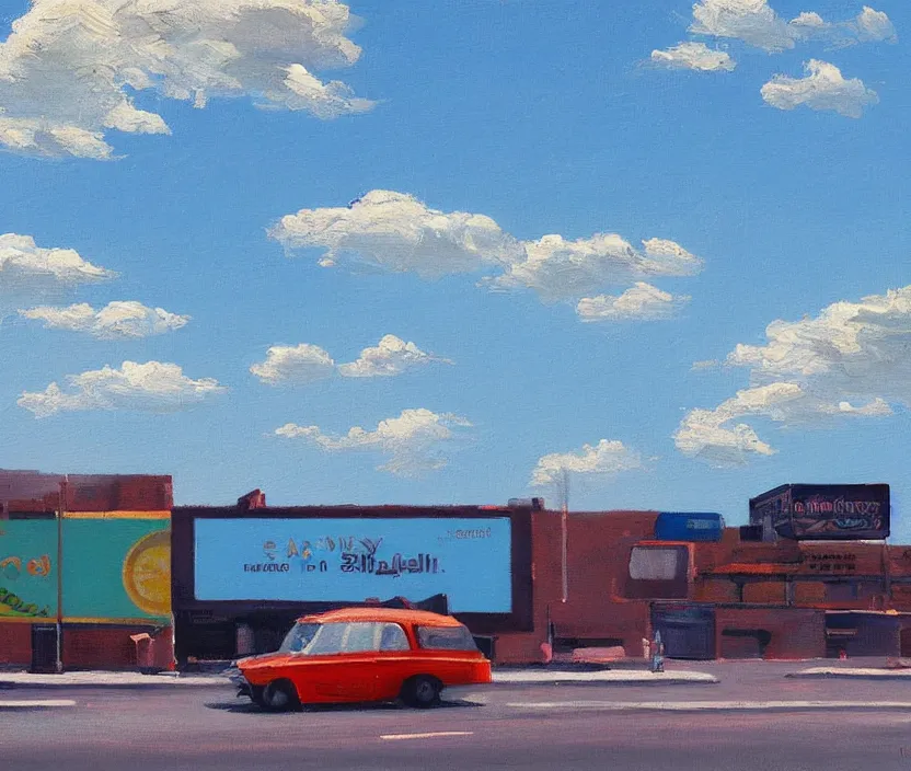 Image similar to a very detailed painting of one ad billboard, baby blue sky with very aesthetic stylized clouds, in the style of edward hopper, very small brushstrokes, 4 k,