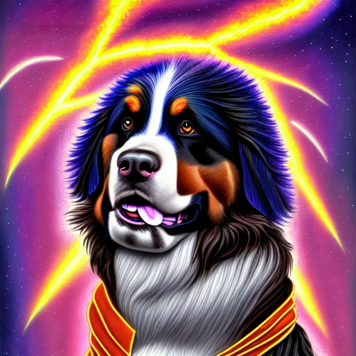 Image similar to an anthropomorphic male bernese mountain dog ( wearing a toga ), shooting lightning bolts, by alex grey, intricate details, artstation, furry, psychedelic, hd, beautiful