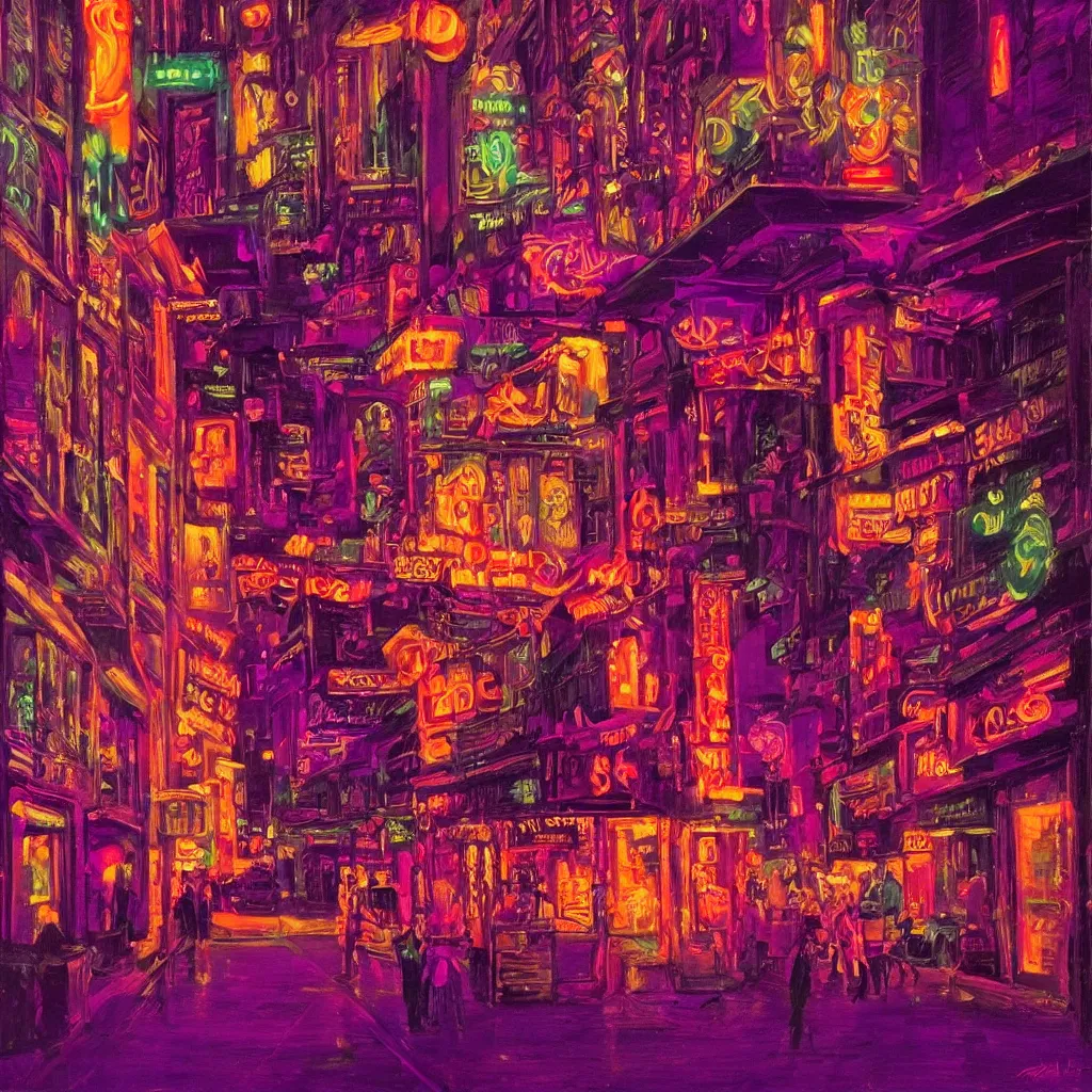 Prompt: a neon seedy city at night. in the style of delphin enjolras. purple color scheme. intricate. highly detailed.
