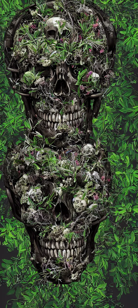 Prompt: robot skull degraded and filled with plants, stunning, 4 k, detailed,