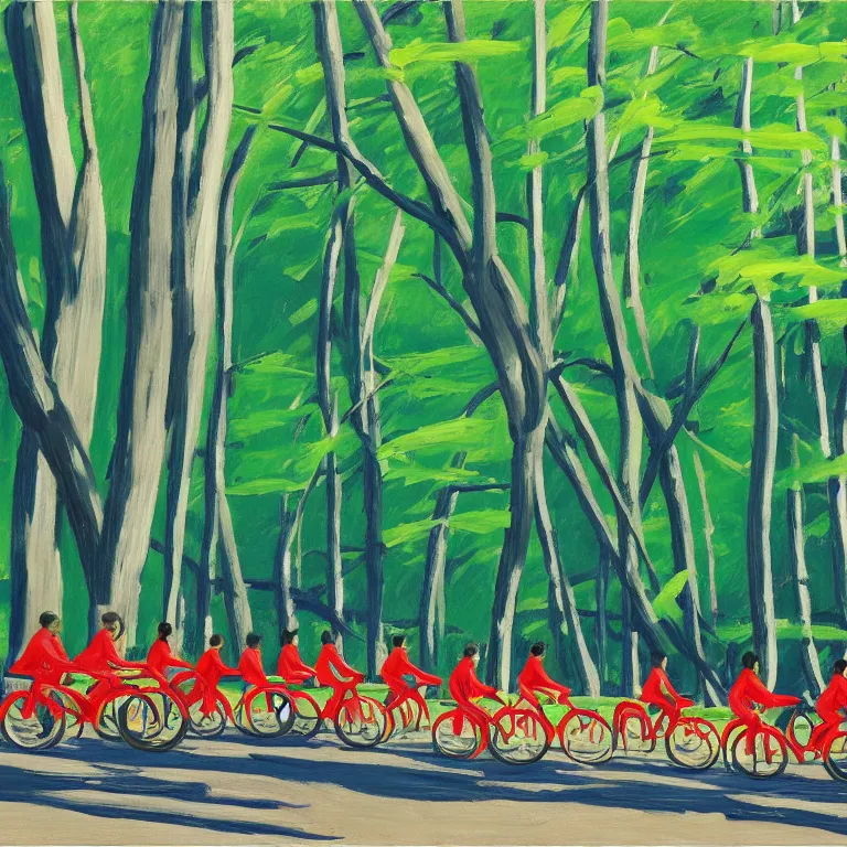 Image similar to riding neon bycicles in the woods, painted by Alex Katz, painted by Edward Hopper, airbrush