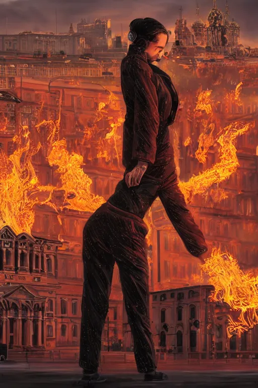 Image similar to in the foreground Saint Petersburg in cyberpunk, in the background a magnificent young blonde woman from behind playing with flames coming out of her hands wearing a long matrix-style jacket, realistic, high definition, many details, dramatic scene, symmetrical face, eyes realistic, art of enki bilal