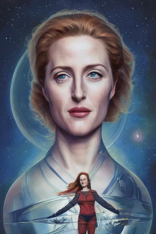 Image similar to young Gillian Anderson as a ruggedly beautiful retro SCI-FI space heroine 1985 , intricate, elegant, highly detailed, centered, digital painting, artstation, concept art, smooth, sharp focus, illustration, art by artgerm and donato giancola and Joseph Christian Leyendecker, Ross Tran, WLOP