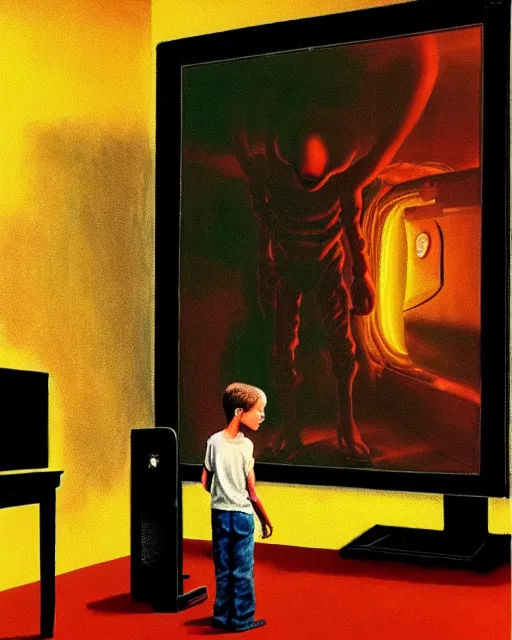 Image similar to 8k professional photo of an 8 years old enlightened and scared boy standing in front of an old computer from 90s with a game doom2 at the monitor screen. painting by Adrian Ghenie and Willem de Kooning , still from a movie by Gaspar Noe and James Cameron