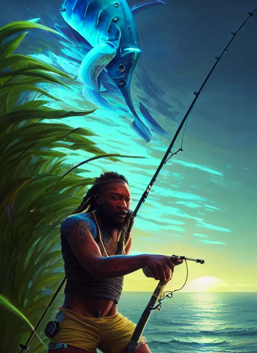 Image similar to portrait of a male jamaican fisherman sci - fi glowing fishing armor fishing rod cyberpunk muscular intricate elegant highly detailed digital painting artstation concept art, ocean background, reggae colors, cinematic, greg rutkowski, loish, rhads, ferdinand knab, makoto shinkai and lois van baarle, ilya kuvshinov, rossdraws, tom bagshaw