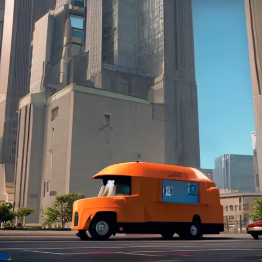 Prompt: a promotional movie still of a futuristic food truck. the truck is hovering high in the air next to a tall impressive looking building. fifth element ( 1 9 9 7 ), unreal engine 5, octane 3 d, render, imax 7 0 mm