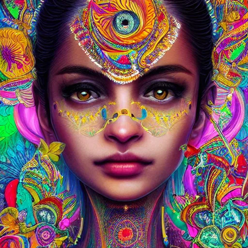 Image similar to the face of a ridiculously beautiful and sophisticated indian woman partially made of onion rings of all colors looking down, an ultrafine detailed illustration by james jean, final fantasy, intricate linework, bright colors, behance contest winner, vanitas, angular, altermodern, unreal engine 5 highly rendered, global illumination, radiant light, detailed and intricate environment