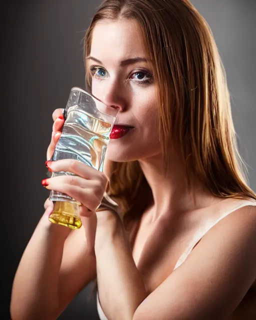 Image similar to A studio portrait of a woman drinking vodka from a bottle, highly detailed, bokeh, 90mm, f/1.4