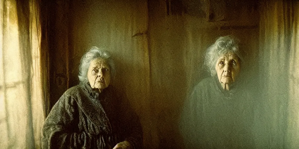 Image similar to portrait bust of old woman, solemn expression, faded color film, russian cinema, tarkovsky, kodachrome, inside old cabin, next to window, heavy forest outside, long brown hair, old clothing, heavy fog, green brown color palette, hudson river school, 4 k, dramatic lighting, greg rutkowski