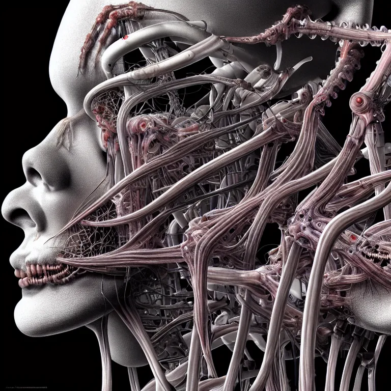 Image similar to portrait of neural nightmares by yoshitaka amano and HR Giger, detailed face face face face, facial structure, hd, 8k, very very very very electronic, biomechanical, biology, bio, neural machine