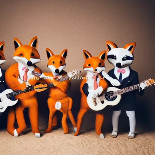 Image similar to music album cover, with foxes animals dressed in suits, holding guitars, on a beach, all looking at camera, studio lighting, 8 5 mm f / 1. 4