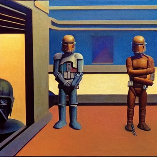 Image similar to star wars a new hope 1 9 7 7, grant wood, pj crook, edward hopper, oil on canvas