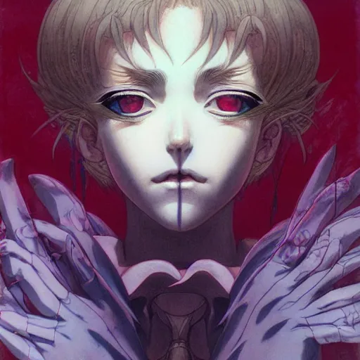 Image similar to prompt : magestic vampire portrait soft light painted by james jean and katsuhiro otomo, inspired by evangeleon anime, smooth face feature, intricate oil painting, high detail illustration, sharp high detail, manga and anime 1 9 9 0