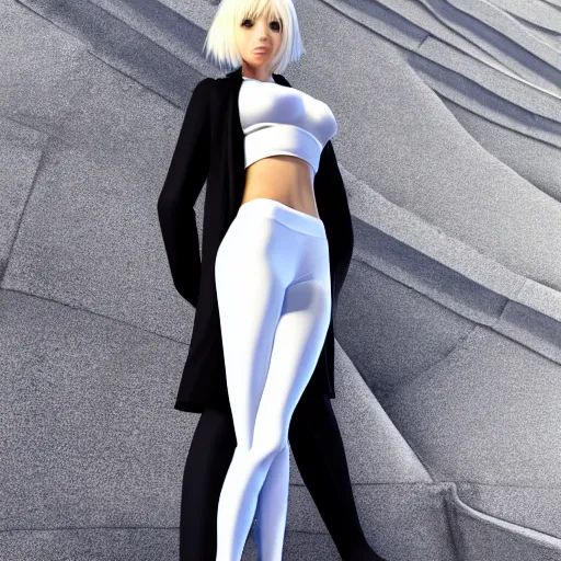 Image similar to platinum - blonde - haired long bob cut blue - eyed princess wearing white leggings and black jacket, standing next to communist monument, futuristic paris, anime, hd anime wallpaper, hyperrealistic lighting, octane render, volumetric lighting, drawn by artgerm