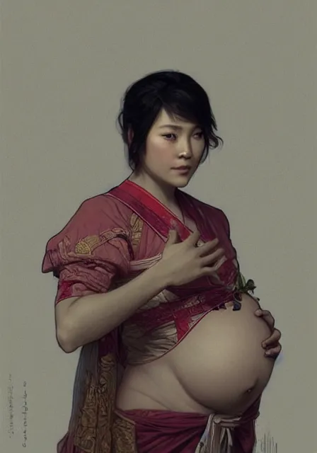 Image similar to pregnant asian man, handsome, intricate, elegant, highly detailed, digital painting, artstation, concept art, smooth, sharp focus, illustration, art by artgerm and greg rutkowski and alphonse mucha and william - adolphe bouguereau