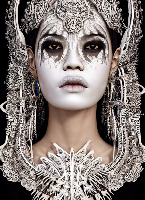 Image similar to a fierce looking beautiful young thai woman with symmetrical white makeup, wearing an intricate headdress made from bones and leather, wearing large earrings made from white bones, hyperdetailed illustration by irakli nadar and alexandre ferra, intricate linework, in the style of a national geographic portrait, unreal engine 5 highly rendered, global illumination, radiant light, detailed and intricate environment