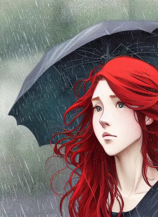 Image similar to pretty young woman with long red hair sitting at a bus stop in the rain, path traced, highly detailed, high quality, digital painting, by studio ghibli and alphonse mucha, leesha hannigan, makoto shinkai, disney