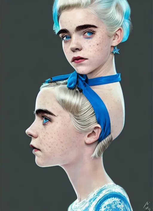 Image similar to portrait of kiernan shipka with freckles, white hair, big 1 9 6 0 s bob hairstyle with bangs and hairband, blue 1 9 6 0 s dress, intricate, elegant, glowing lights, highly detailed, digital painting, artstation, concept art, smooth, sharp focus, illustration, art by wlop, mars ravelo and greg rutkowski