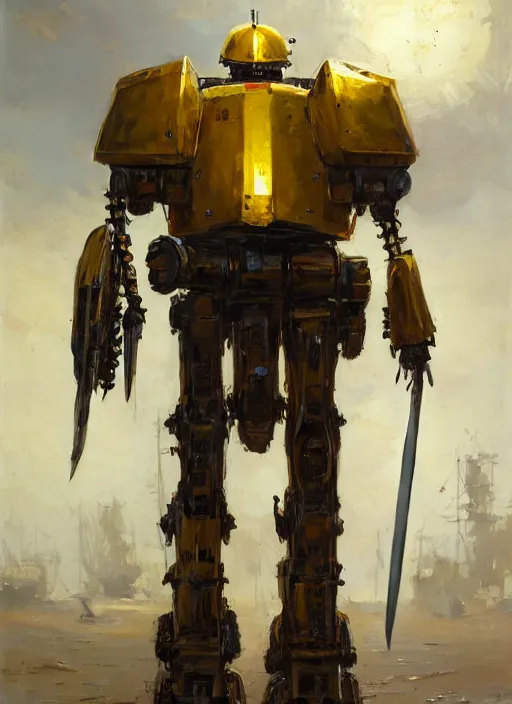 Image similar to human-sized strong intricate yellow pit droid carrying very detailed perfect antique great sword and beautiful large paladin shield, pancake short large head, exposed metal bones, painterly humanoid mecha, epic glorious, by Greg Rutkowski