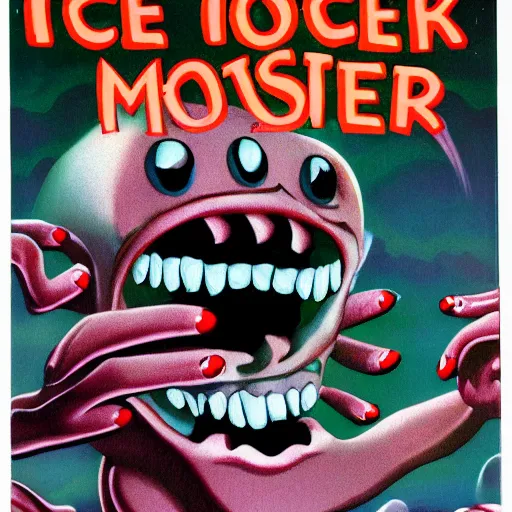 Prompt: ice cream monster man laughing, 1 9 8 6 horror painted art book cover, thick lines