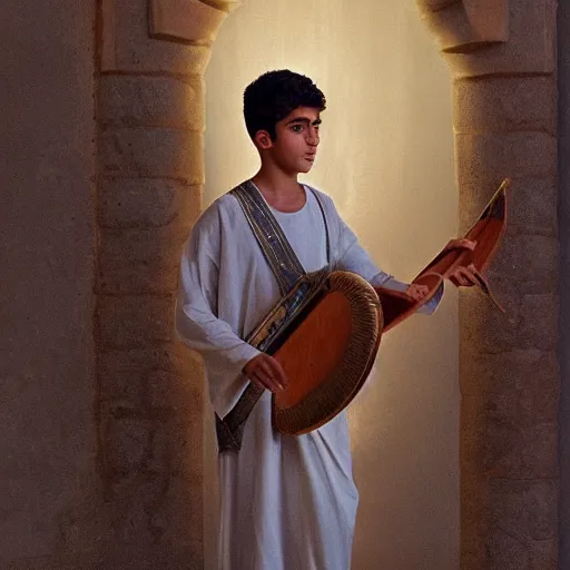 Prompt: handsome 17 year old middle-eastern skinned boy in a Biblical outfit playing an ancient harp, lyre. Tranquil, cinematic lighting, directed by Steven Spielberg