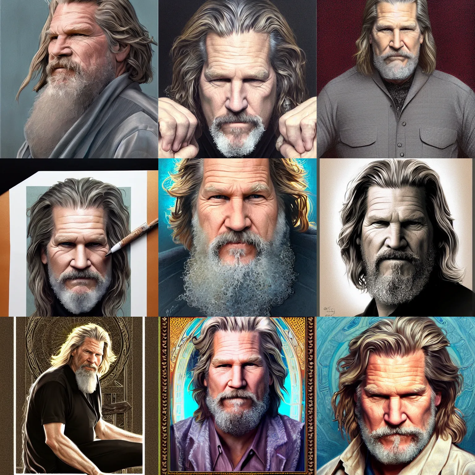 Prompt: portrait of jeff bridges the dude big lebowski, deep focus, rug, d & d, fantasy, intricate, elegant, highly detailed, digital painting, artstation, concept art, matte, sharp focus, illustration, art by artgerm and greg rutkowski and alphonse mucha