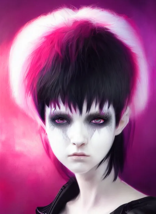 Image similar to whitebangs, black hair, black cyberlox, portrait of white teenage girl, normal face, white bangs, fluffy bangs, cyberlox, whitebangs, red contact lenses, purple background, intricate, elegant, highly detailed, digital painting, artstation, concept art, sharp focus, smooth, illustration, art by wlop, mars ravelo and greg rutkowski