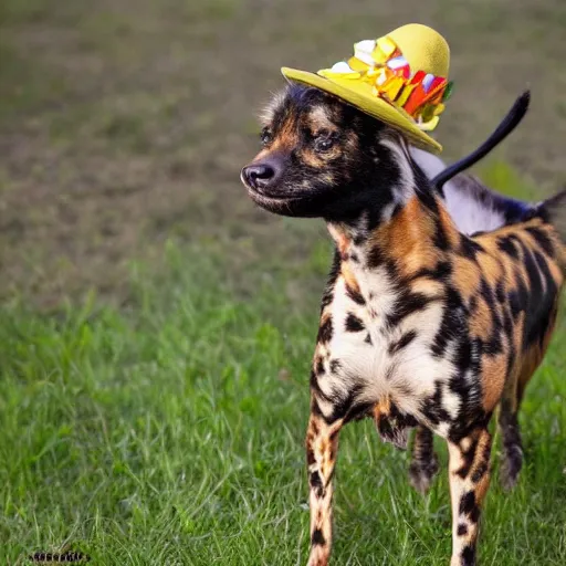 Image similar to A photo of the world's greatest showman: the african painted dog dressed in a hat!