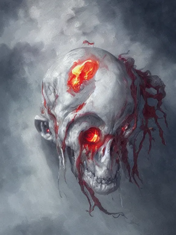 Image similar to painting by greg rutkowski of a flying sorrowful looking human head with tears running down it's eyes, face that is chalk white in color, with long sprawling white tentacles stemming down it's neck, fiery scorching red eyes, flying in a terrying hellish dark cavernous place