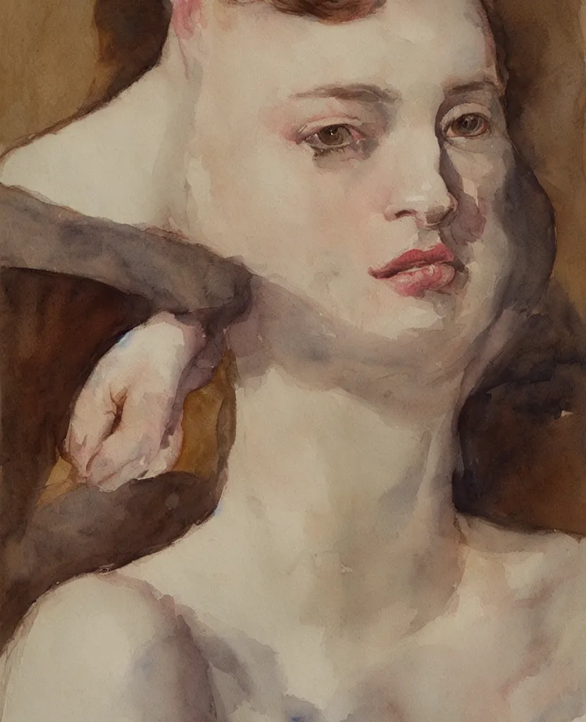 Prompt: watercolor sketch, van hove francine painting, face portrait of a woman