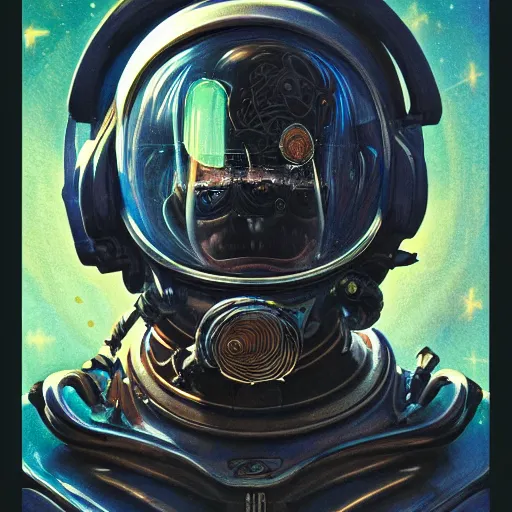 Image similar to space pilot, 70s sci-fi, highly detailed, dark enlightenment, alchemy, nigredo, deep aesthetic, concept art, post process, 4k, highly ornate intricate details, art deco,