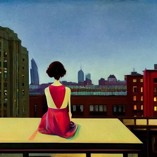 Image similar to a small rooftop with a girl and a skeleton sitting and watching the view, wearing moder clothes by ganni, modern shanghai bund is on the background, night, by edward hopper, by gregory crewdson