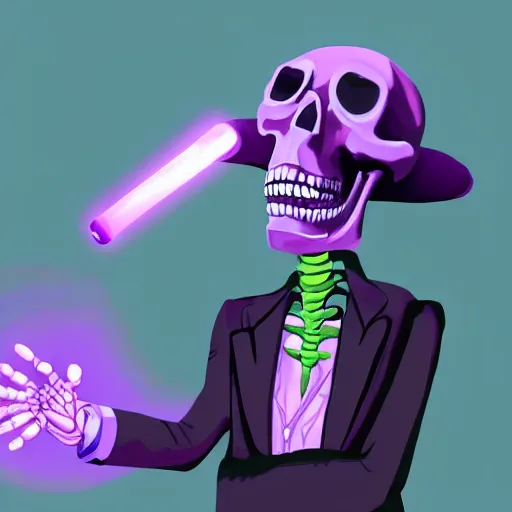 Prompt: a painting of a skeleton wearing a business suit and smoking a glowing purple cigar with glowing purple eyes, digital art, portrait, detailed