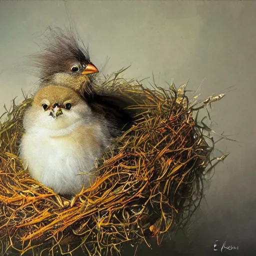 Prompt: soulful long shot of a cute fluffy furry sparrow chick nesting in a golden floral metal crown, by esao andrews, by m. w. kaluta, volumetric light, rich colors, very humorous oil painting, realistic reflections, smooth, concept art, depth perception, high depth of field, 4 k, unreal engine 5, ultradetailed, hyperrealistic, trending on artstation