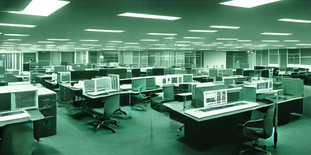 Image similar to a large 1970's computing room with 9-track machines and green glowing screens. by IBM by Amdahl.