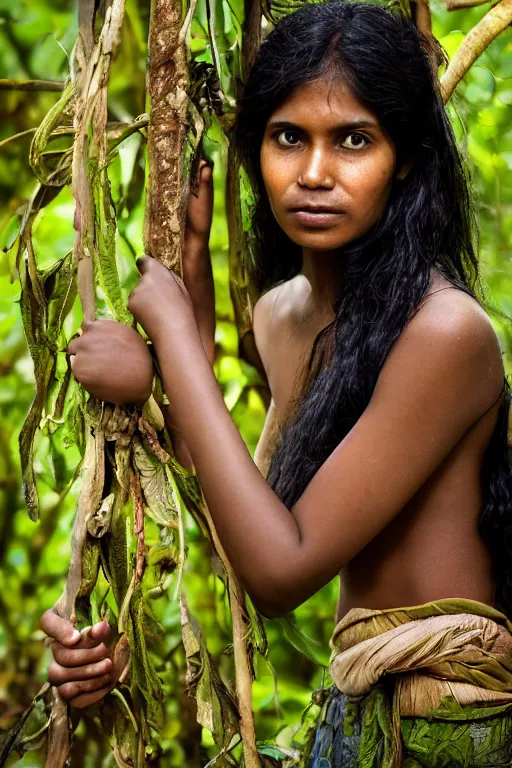 Prompt: a professional photo of a sri lankan jungle girl, black hair, gatherer, covered in leaves, extremely high fidelity. key light.