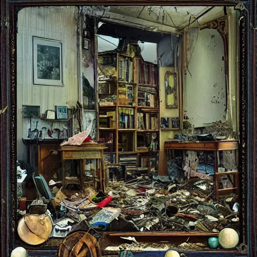 Prompt: nanopunk by viktor vasnetsov, by anne mccaffrey dignified. a performance art of a room that is wrecked, furniture overturned, belongings strewn about, & debris everywhere. the only thing left intact is a photograph on the wall shows a tidy, well - appointed space, with everything in its place.