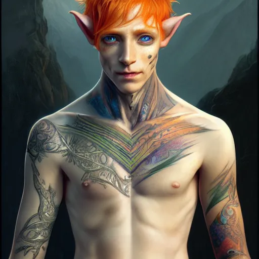 Prompt: portrait painting of an elven eladrin young man with short light orange hair and freckles and tribal tattoos on his cheekbones, ultra realistic, concept art, intricate details, eerie, highly detailed, photorealistic, octane render, 8 k, unreal engine. art by artgerm and greg rutkowski and charlie bowater and magali villeneuve and alphonse mucha