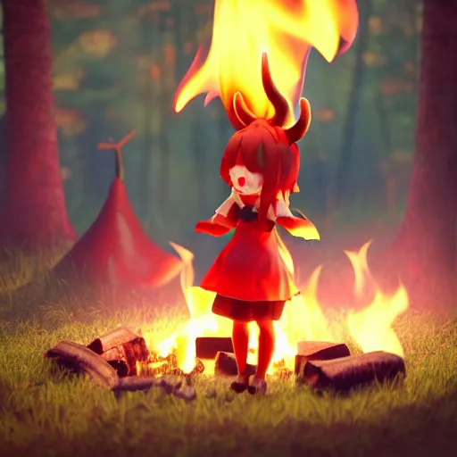 Image similar to cute fumo plush manic happy pyromaniac girl giddily starting a huge bonfire in the forest, horned demon imp girl, stylized pbr anime shader, burning flames, warm glow and volumetric smoke vortices, filmic, rule of thirds composition, vignette, vray