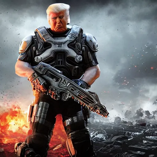 Prompt: Movie still of Donald Trump as ((the punisher)) in Gears of War, splash art, movie still, detailed face, photorealistic facial features, cinematic lighting, dramatic, octane render, long lens, shallow depth of field, bokeh, anamorphic lens flare, 8k, hyper detailed, 35mm film grain