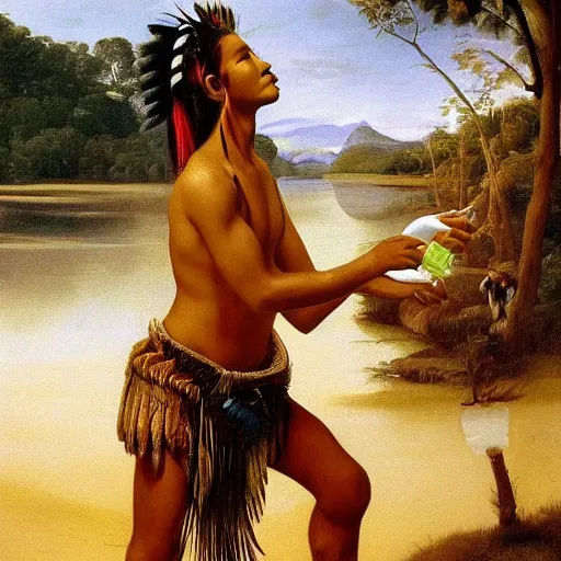 Image similar to beautiful oil matte painting, amazon indigenous tribe leader finding a plastic bottle at the shore, wonderful masterpiece highly detailed, beautiful cinematic light deep focus, elegant, digital painting, smooth, sharp focus, golden ratio, dramatic illumination, ultra realistic, 8 k, art by artemisia lomi gentileschi and caravaggio