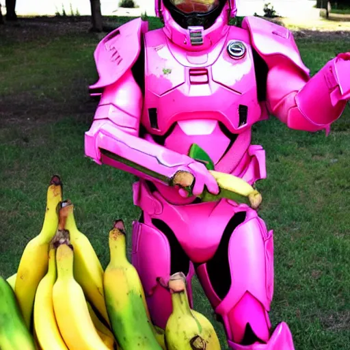 Prompt: cute master chief in pink armor holding a banana