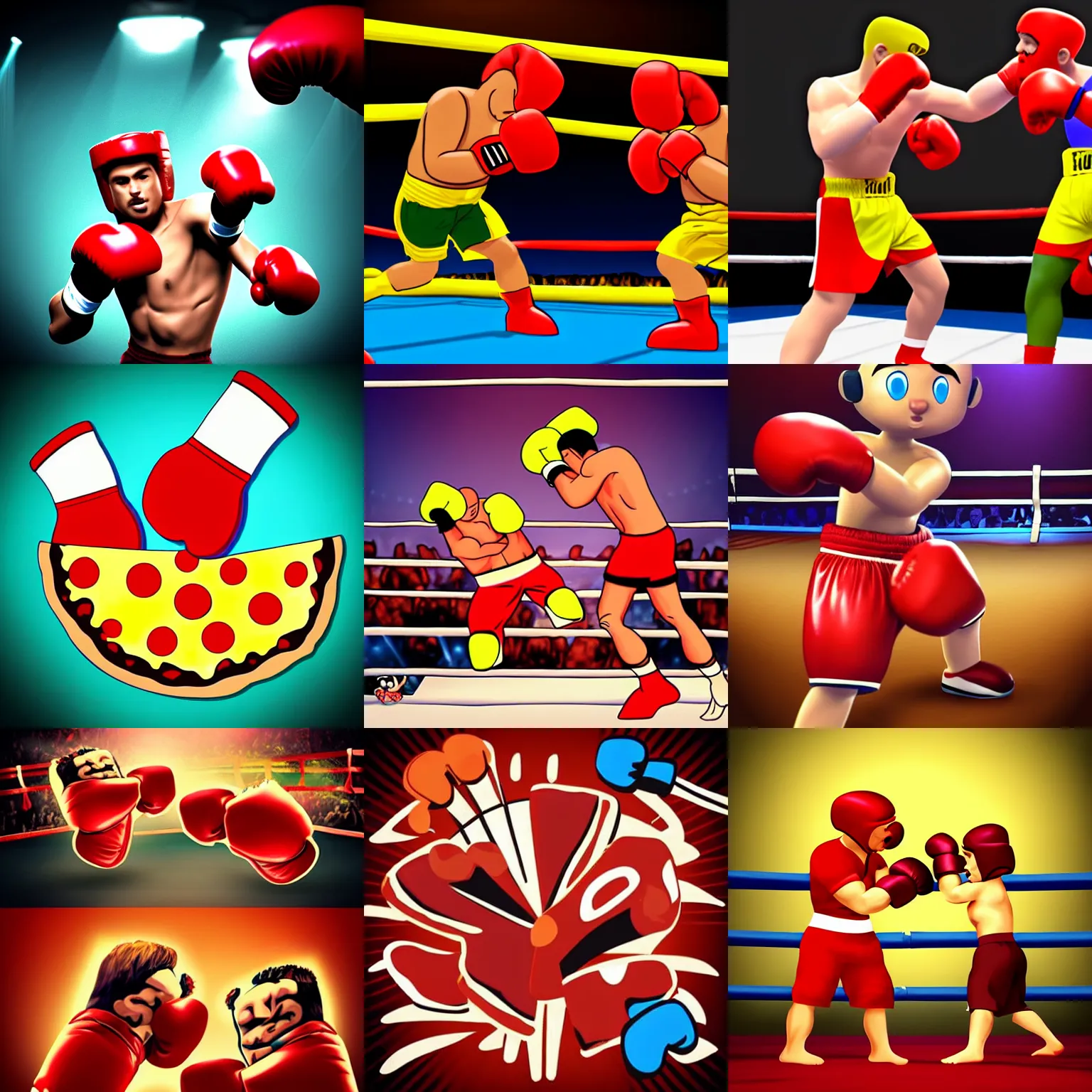 Prompt: cartoon pieces of pizza wearing boxing gloves, fighting in a boxing ring, epic, lights, cinematic, realistic