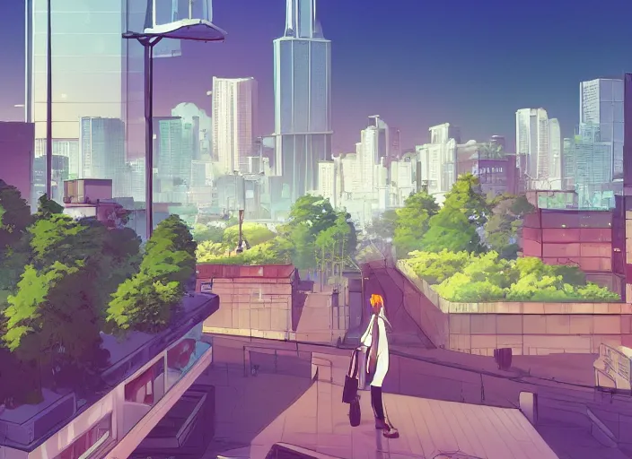 Prompt: digital illustration of walkable metropolis with renewable energy, rooftop gardens and beautiful manicured landscaping by makoto shinkai, ilya kuvshinov, lois van baarle, rossdraws, basquiat trending on artstation | cool color scheme