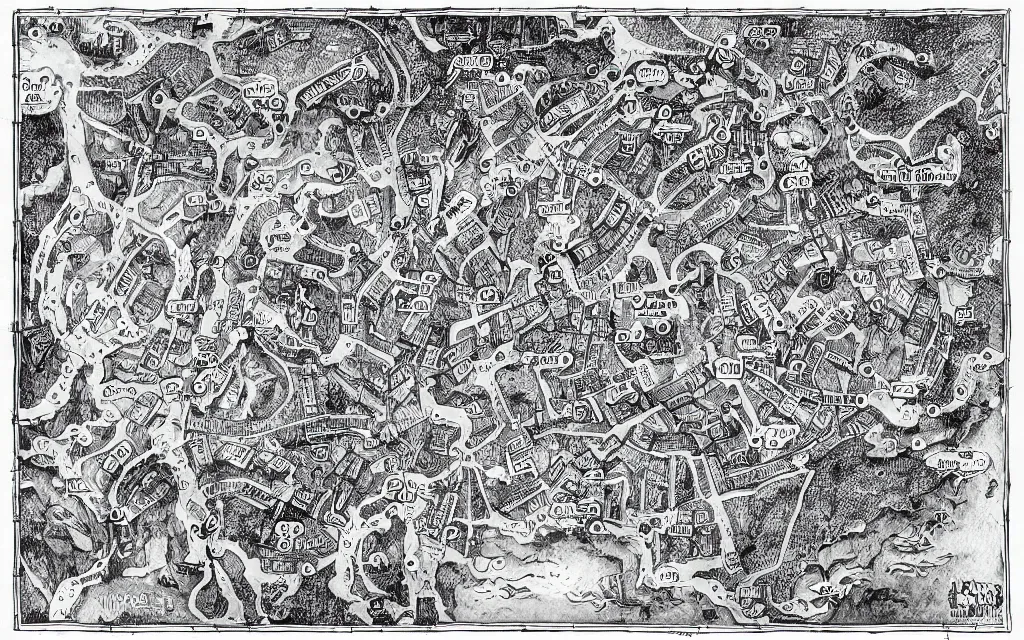 Image similar to black and white dungeon map, pen and ink, dungeons and dragons