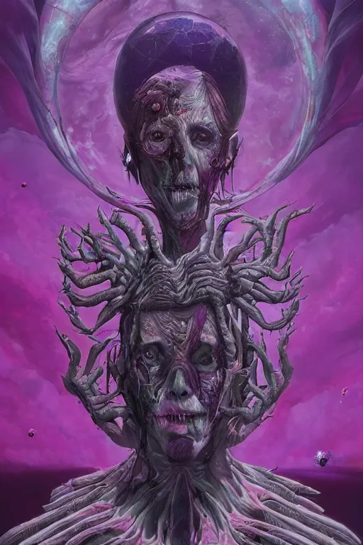 Prompt: beautiful painting of the zombie queen in Space covered in sigils and with an arcane halo by wayne barlowe trending on artstation detailed painting Unreal Engine