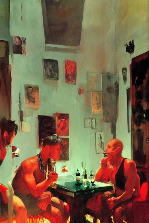 Image similar to glam rockers drinking brutal and raw wine, inside a tiny green room with red lights by joaquin sorolla, greg rutkowski, bill sienckiwicz, extremely detailed