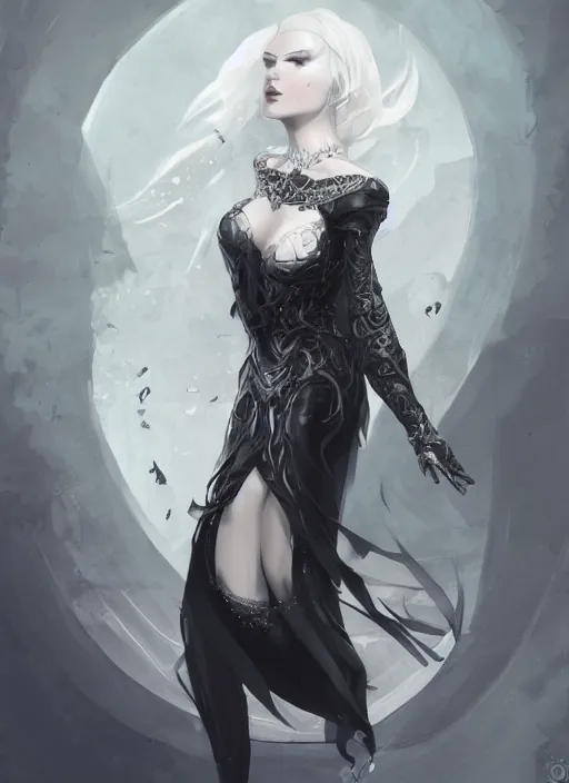 Image similar to a highly detailed illustration of white haired pale lady wearing black blindfold and metal dress, dramatic floating pose, intricate, elegant, highly detailed, centered, digital painting, artstation, concept art, smooth, sharp focus, league of legends concept art, wlop