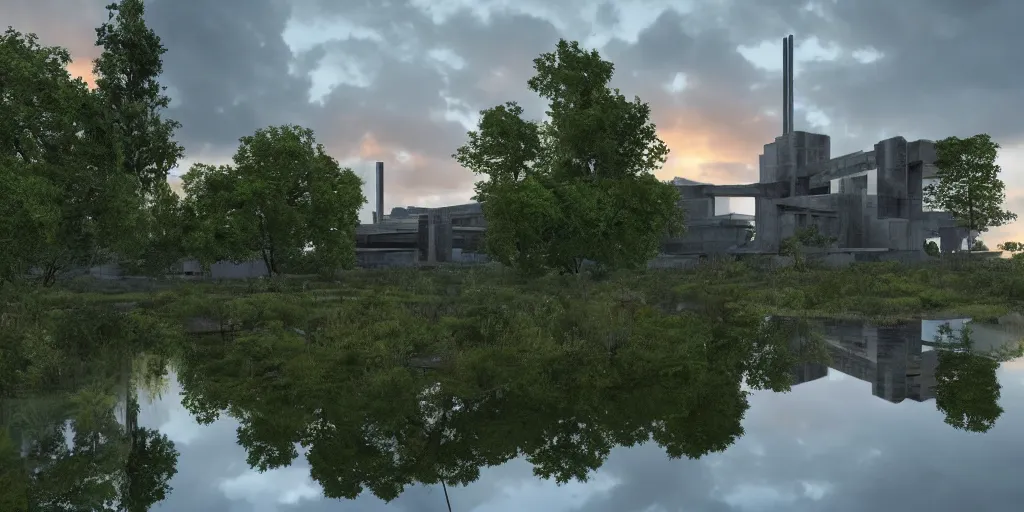 Image similar to an extremely detailed cathedral of brutalist architecture, surrounded by lush green forest, accurate reflections in small ponds of water, stunning volumetric lighting, sunset, rusted steel, smooth concrete, stunning skies, trending on Artstation, 8k, photorealistic, hyper detailed, unreal engine 5, IMAX quality, cinematic, epic lighting, in the style of Greg Rutkowski